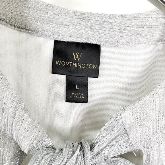 WORTHINGTON Silver Sparkle Halter Top LARGE Tie Neck Holiday Glitter Sleeveless - Picture 3 of 10